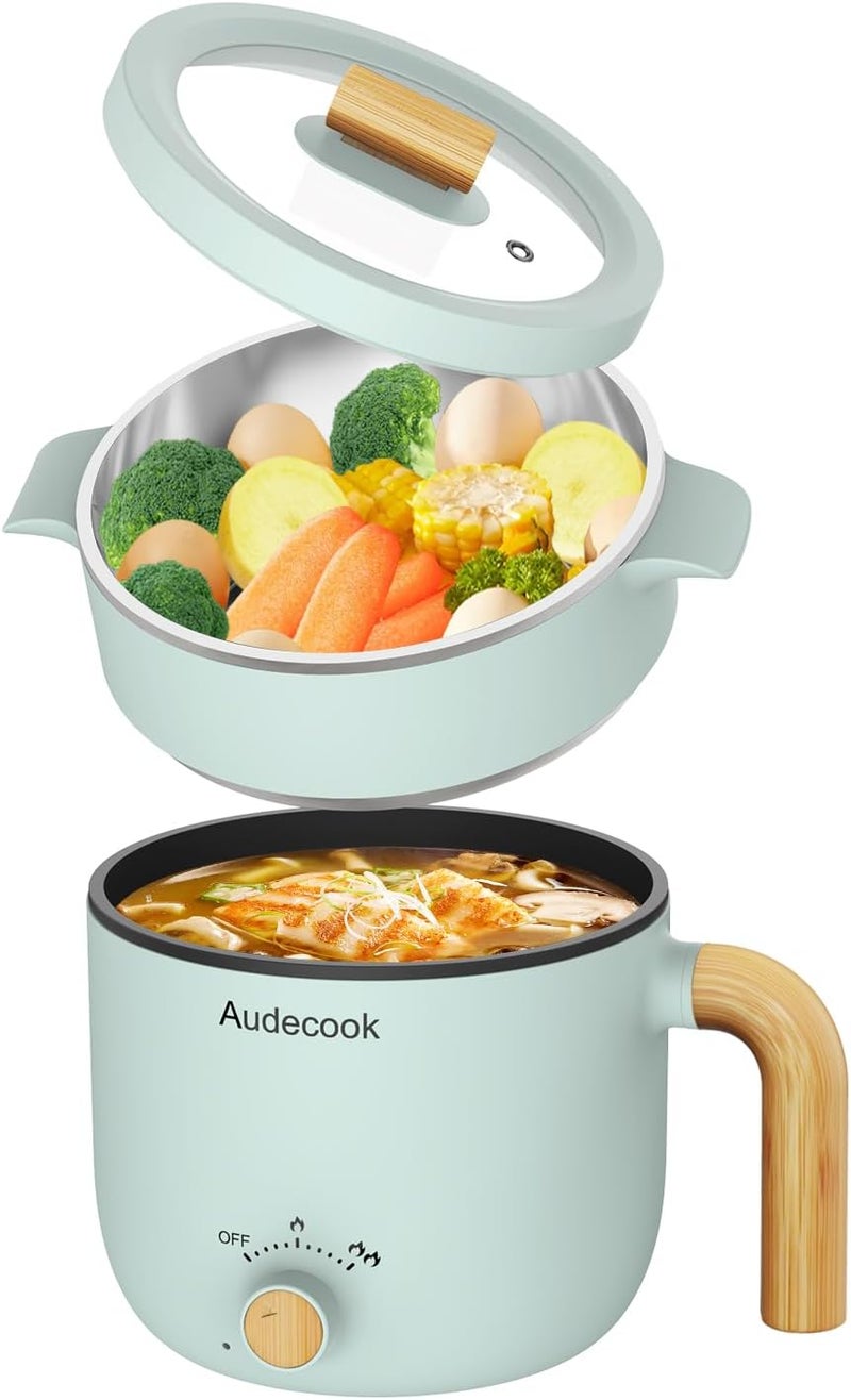 Audecook Hot Pot Electric with Steamer, 1.5L Portable Nonstick Mini Multicooker, Travel Electric Skillet with Dual Power Control for Pasta/Soup/Steak/Egg/Oatmeal (Green) - Image 1